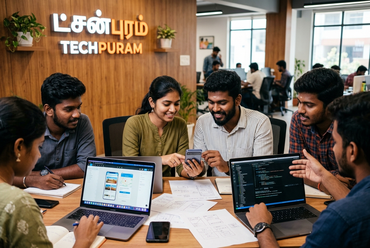 Indian college students collaborating in a modern software training lab at IyalTamizh Tech school